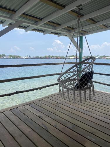 a dog sitting in a swing on a dock at Peaceful Refuge in Quiete Bay in Bocas del Toro