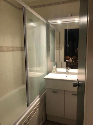 une salle de bain avec une douche, un lavabo et une baignoire dans l'établissement L'appartement Emma d'Avoriaz, à Avoriaz