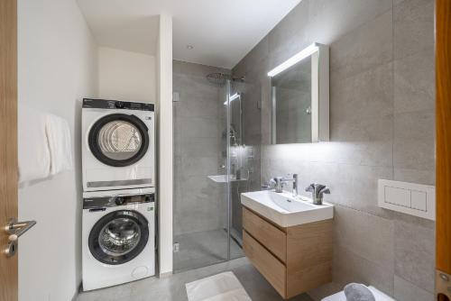 a bathroom with a washing machine and a sink at Lischana 410 in Scuol