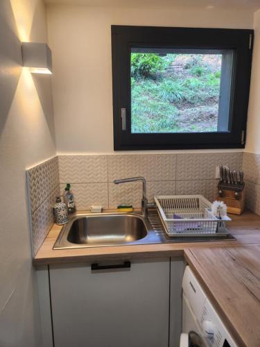 une cuisine avec un évier et une fenêtre dans l'établissement Agréable appartement rénové situé dans les hauteurs de Brides, à Brides-les-Bains