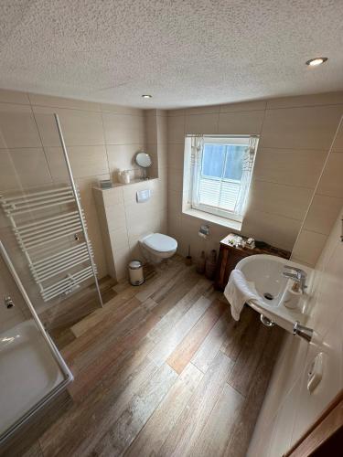 a bathroom with a toilet and a sink and a shower at Little Blue Cottage #9 in Fehmarn