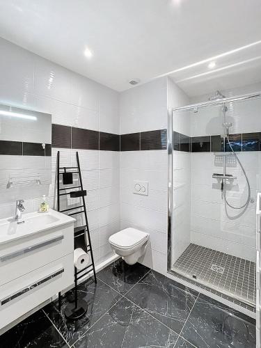 une salle de bain avec une douche, des toilettes et un lavabo dans l'établissement 2Pièces Marina Baie des Anges, à Villeneuve-Loubet