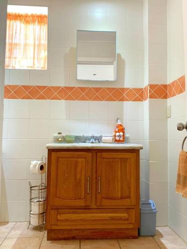 a bathroom with a sink and a cabinet in it at Jolly Holiday Apartment 1-A in Jolly Harbour