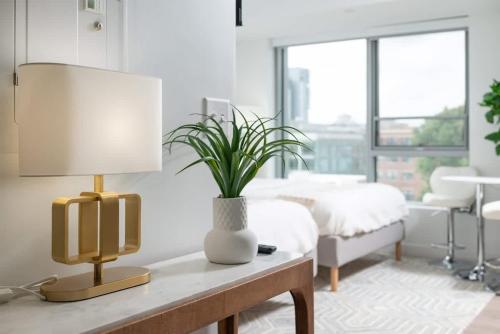 a living room with a table with a lamp and a bed at Luxury Studio King bed Gym near MIT Harvard in Cambridge