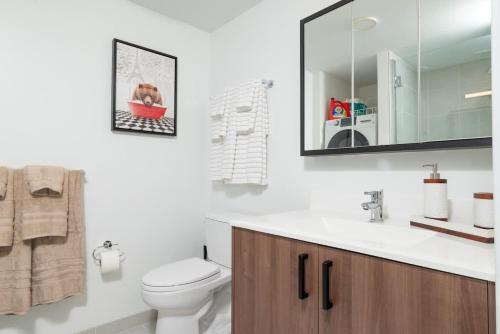 a bathroom with a toilet and a sink and a mirror at Luxury Studio King bed Gym near MIT Harvard in Cambridge