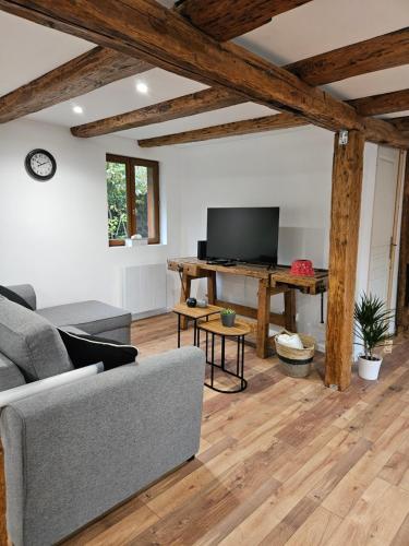 a living room with a couch and a television at Gite à la fontaine in Bergholtz-Zell