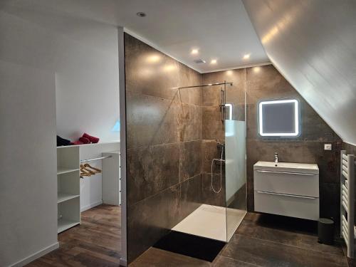 a bathroom with a shower and a sink at Gite à la fontaine in Bergholtz-Zell