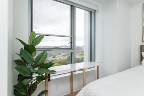 a bedroom with a window and a plant next to a bed at High Rise Retreat w City Skyline Views Shared Gym in Cambridge