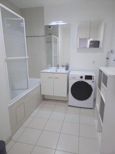 La salle de bains blanche est pourvue d'un lavabo et d'un lave-linge. dans l'établissement Appartement T2 calme et cosy proche Orly, à La Ville-du-Bois