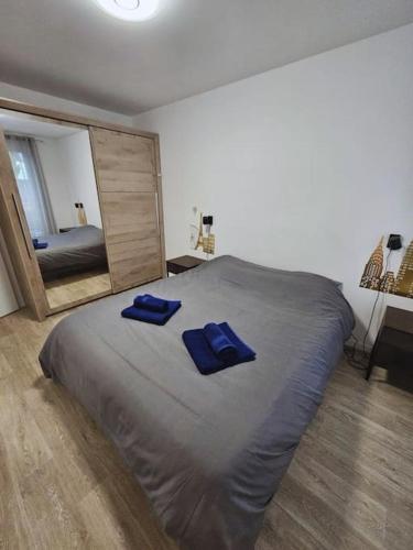 une chambre avec un lit avec des oreillers bleus dessus dans l'établissement Appartement T2 calme et cosy proche Orly, à La Ville-du-Bois