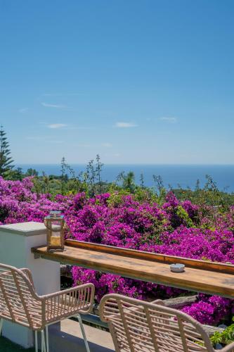 two chairs and a bench on a balcony with purple flowers at Hotel Il Girasole in Anacapri