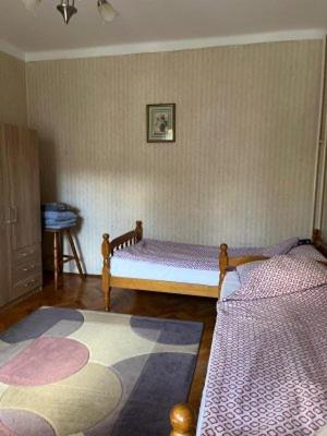 a bedroom with two beds and a rug at Zemunski mir in Zemun