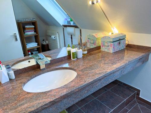 a bathroom counter with a sink and a mirror at Doppelzimmer, eigenes Bad, stadtnahe, ruhig, Airport nahe! in Bönningstedt