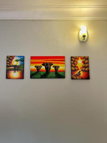 a group of four paintings on a wall at EBEL Homes in Kampala