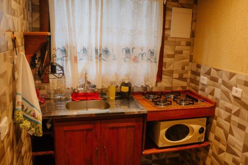 a small kitchen with a sink and a microwave at CHALÉS LUAR DO PICO in Santo Antônio do Pinhal