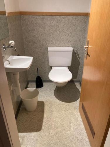 a bathroom with a white toilet and a sink at 24 - Gästehaus Erika - Hundwil - Appenzellerland in Hundwil