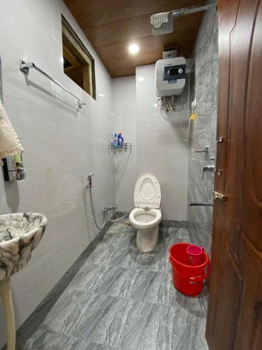 a bathroom with a toilet and a sink at Scenic Village Stay near Kufri With Bonfire & Veg Meals-Alpine Crest Homestay Kufri in Theog