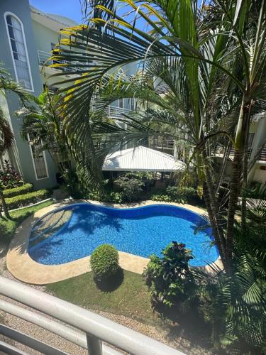 a swimming pool in front of a house with a palm tree at Villa Verde 2 Casa 14 in Tamarindo