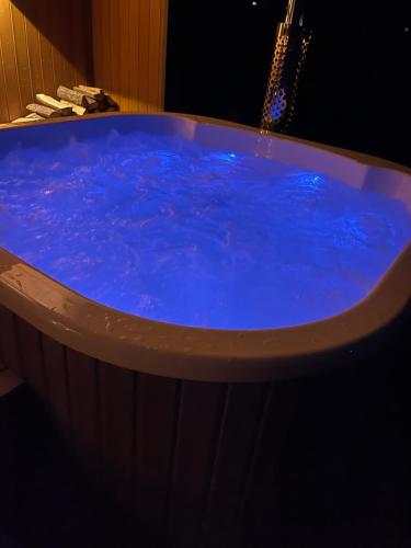 a large blue bath tub in a room at Holiday house near the city in Būdviečiai