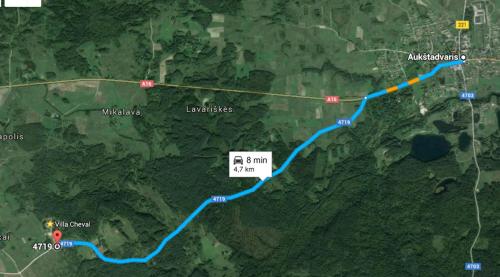 a map of a road with a blue trail at Villa Cheval in Aukštadvaris