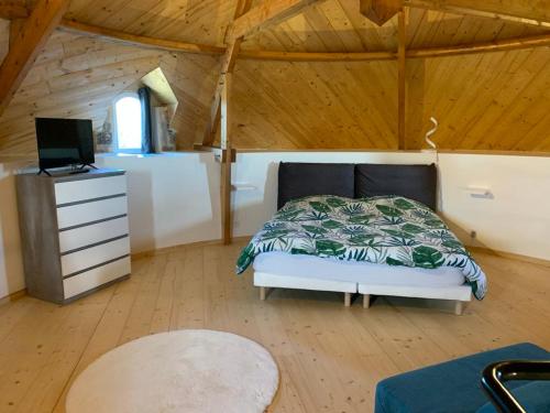 une chambre avec un lit et une télévision dans une pièce dans l'établissement Gite MANULAU, à Turqueville