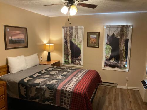 a bedroom with a bed and pictures of a black bear at Carr's Northside Hotel and Cottages in Gatlinburg