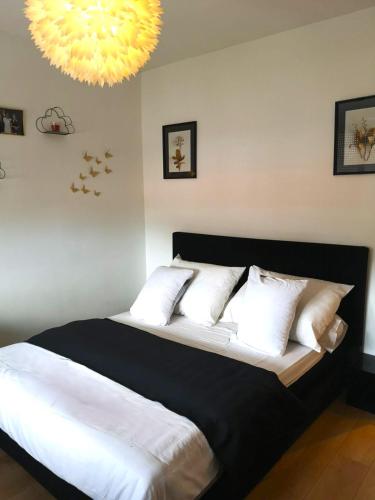- une chambre avec un lit doté d'oreillers blancs et d'un lustre dans l'établissement Appartement moderne à Elbeuf, à Elbeuf