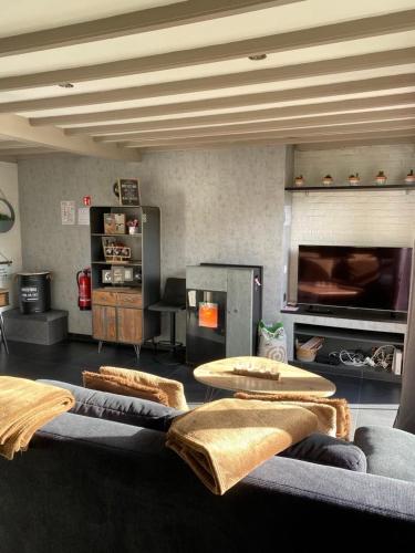 a living room with couches and tables and a fireplace at Mijn Kleinhof in Westouter