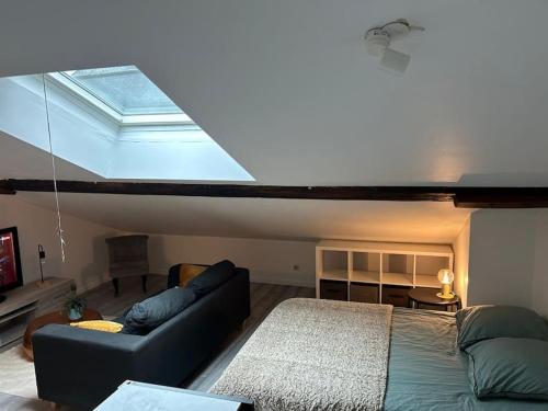- un salon avec un lit et une lucarne dans l'établissement Studio Metz centre & gare, à Metz