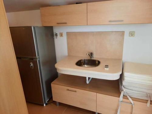 a small kitchen with a sink and a refrigerator at Sunny Villa in Byala