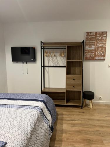 - une chambre avec un lit et une armoire avec une télévision dans l'établissement Studio Relax, à Rouen