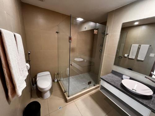 a bathroom with a shower and a toilet and a sink at Apartment in the Causeway Amador in Panama City