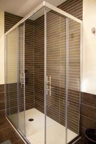 a shower with glass doors in a bathroom at Villa Laudina in Vilaboa