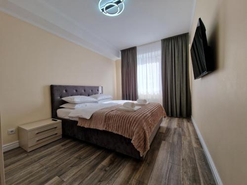 a bedroom with a large bed and a window at Dendrarium Park Double Room Apartment in Chişinău