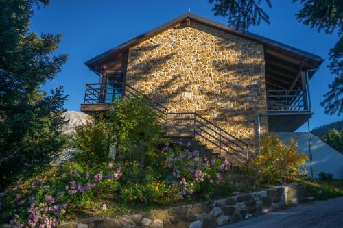a building with stairs and flowers in front of it at Orizontes Tzoumerkon Hotel Resort in Pramanta