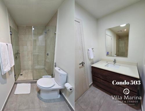 a bathroom with a toilet and a sink and a shower at Villa Marina Lodge & Condos in Playa Venao