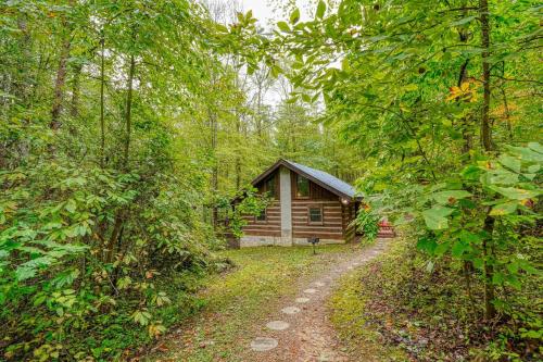 a cabin in the woods next to a dirt road at Cherokee in Logan