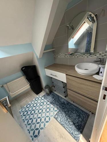 une salle de bain avec un lavabo, des toilettes et un miroir dans l'établissement A city house in Rouen, à Sotteville-lès-Rouen