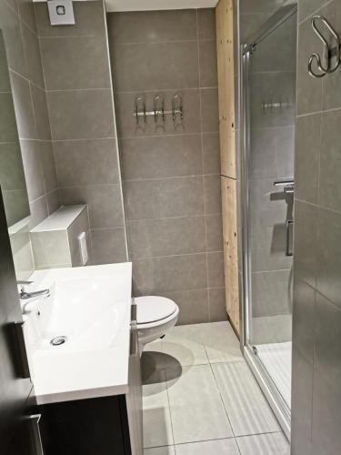 une salle de bain avec toilettes et douche dans l'établissement Résidence Saint Guibert - Appartement au coeur du vieux village MAE-1261, aux Gets