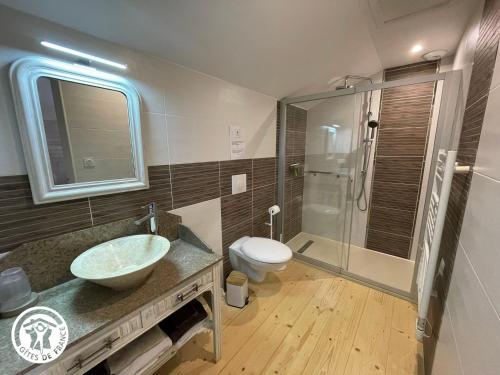 une salle de bain avec un lavabo, des toilettes et une douche dans l'établissement Gîte rénové avec jardin et terrasse près de Thiré, festival de musique baroque, idéal pour familles - FR-1-426-538, à Bourneau