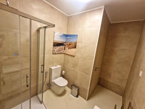 a bathroom with a toilet and a walk in shower at Firstfloorby22 in Matosinhos