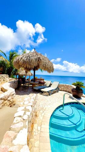 a resort with a swimming pool and a straw umbrella at Appartement 8 & 9- Lagun blou resort - Curaçao in Lagun