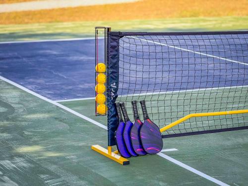 a net on a tennis court with two tennis rackets at The Zephyr Modern Luxe Container Home in Bellmead