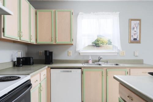 a kitchen with green cabinets and a sink and a window at Cozy Home Plainfield Indy in Plainfield