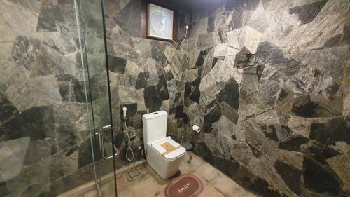 a bathroom with a toilet and a glass shower at Ceylon Resort Wilpattu in Wilpattu