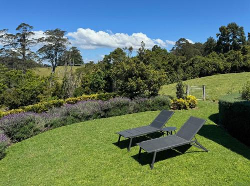 two chairs and a bench sitting on a grass field at Amaroo Valley Springs in Barrengarry