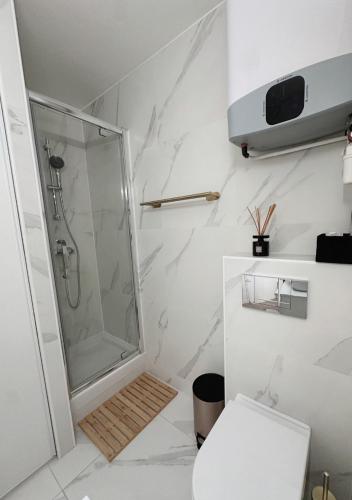 une salle de bain blanche avec douche et toilettes dans l'établissement Charmant Studio avec Balcon, à Paris