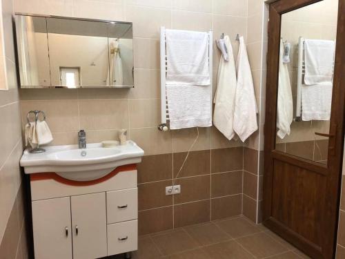 a bathroom with a sink and a mirror and towels at Holiday Home Kanyon in Argel