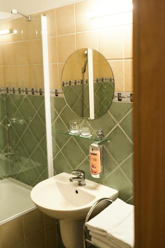 a bathroom with a sink and a shower with a mirror at Červený Mlýn in Tišnov