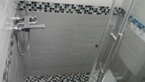 a shower with a glass door in a bathroom at Apartments Fortunella in Budva